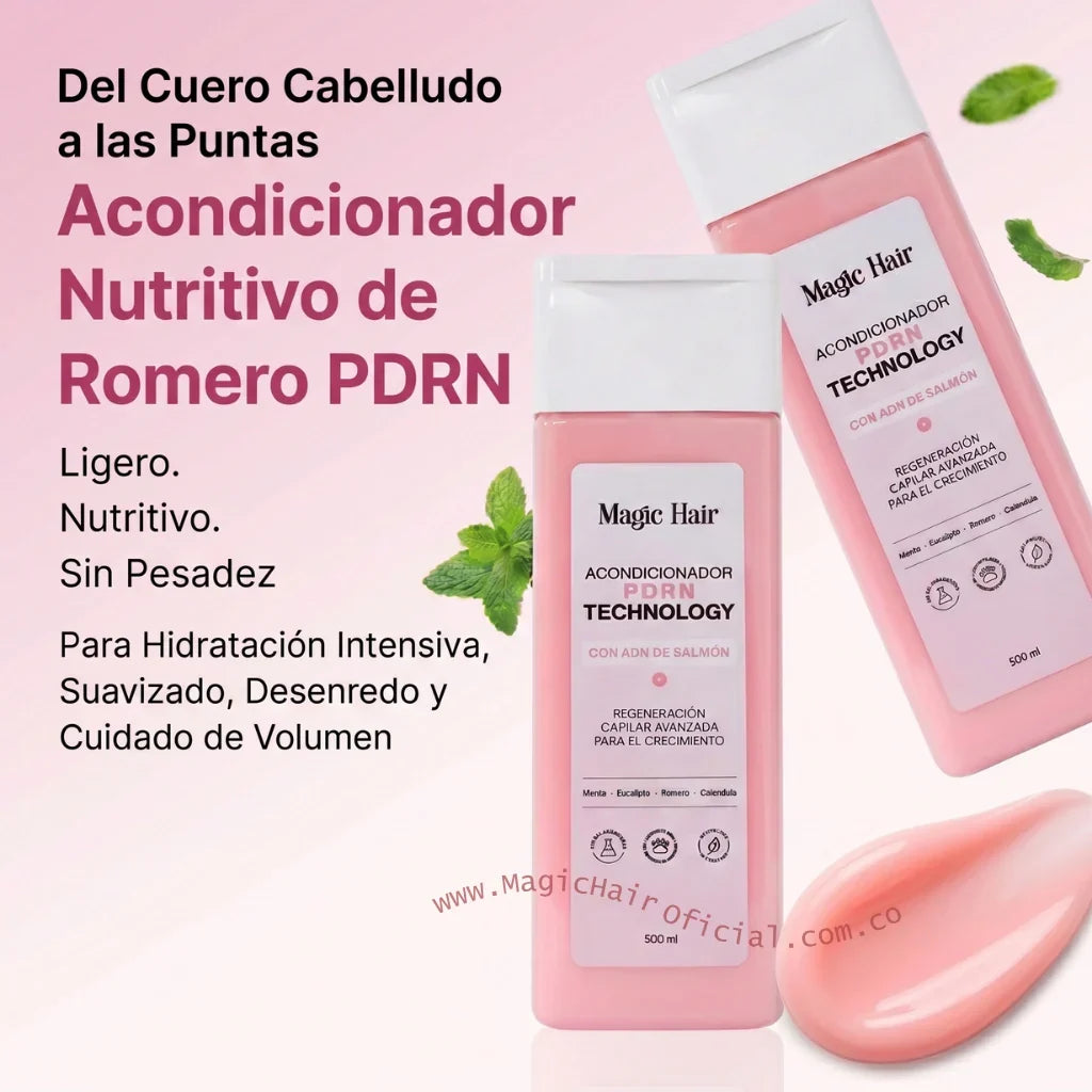 Acondicionador PDRN Magic Hair 500ml acompañado de ramas de romero y hojas de eucalipto