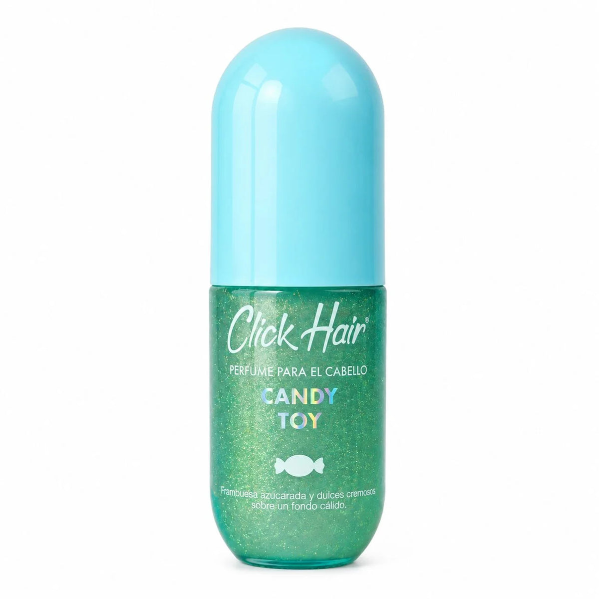 Perfume para el cabello Click Hair Candy Toy, envase verde con tapa azul clara y aroma de frambuesa azucarada y dulces cremosos