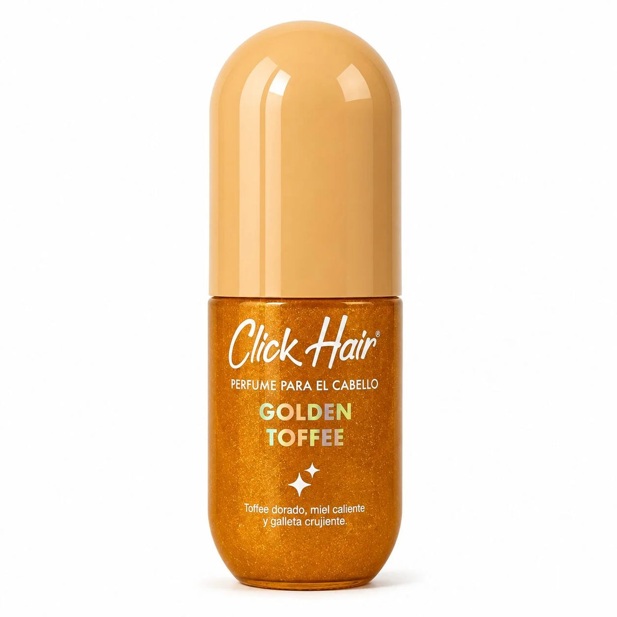 Perfume para el cabello Click Hair Golden Toffee, envase dorado con aroma de toffee dorado, miel caliente y galleta crujiente