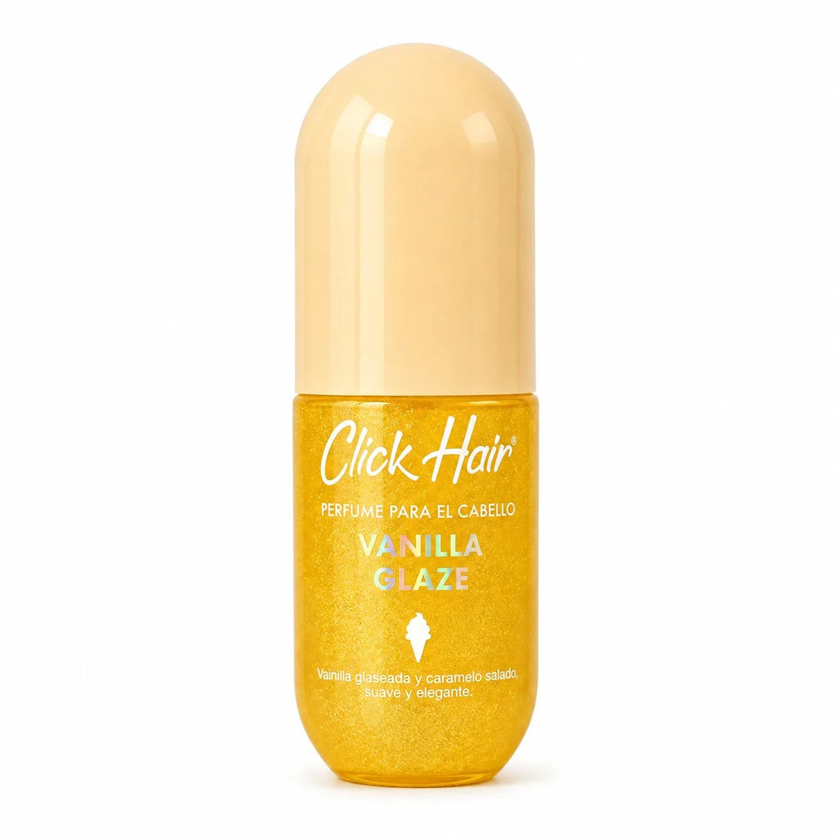 Perfume capilar Golden Toffee de Click Hair, 100 ml, con glitter y aroma de toffee dorado, miel caliente y galleta crujiente. Úsalo en cabello y cuerpo.
