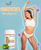 Infografía promocional de Divi-Her con el frasco del suplemento, ilustraciones de mujeres y una lista visible de beneficios relacionados con digestión, apetito y bienestar