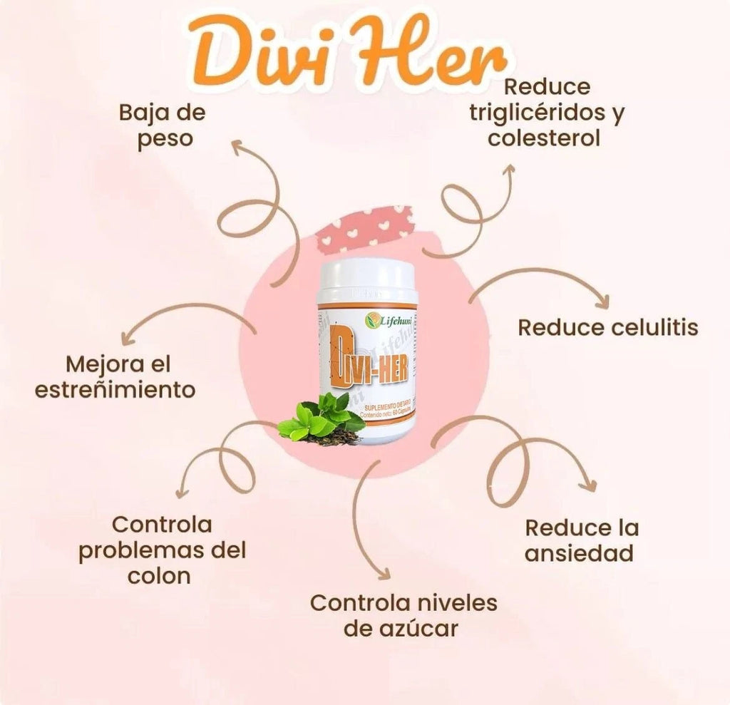 Frasco blanco de DIVI-HER de Lifehuni, suplemento dietario de 60 cápsulas, con hojas verdes y semillas frente al producto
