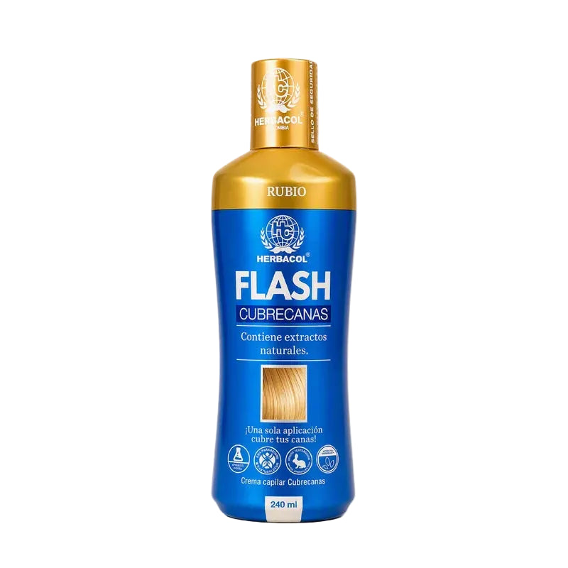 Frasco azul y dorado de Flash Cubrecanas Rubio de Herbacol, crema capilar cubrecanas de 240 ml sobre fondo blanco.