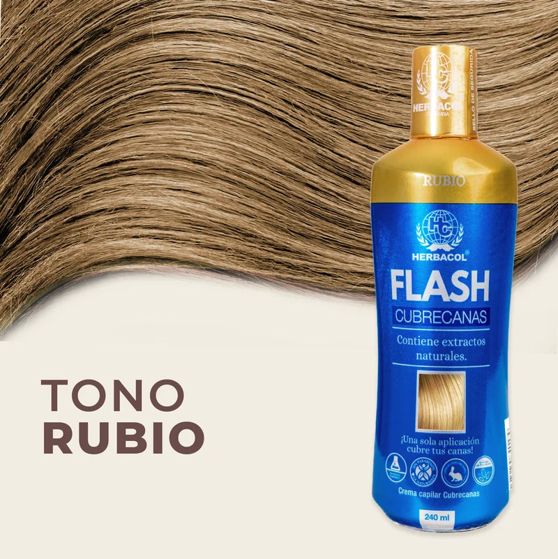 Frasco de Flash Cubrecanas Rubio de Herbacol sobre cabello castaño claro, mostrando el tono rubio del producto.