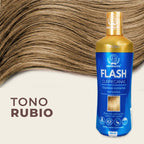 Frasco de Flash Cubrecanas Rubio de Herbacol sobre cabello castaño claro, mostrando el tono rubio del producto.
