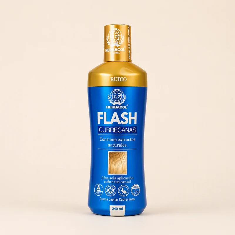 Frasco azul y dorado de Flash Cubrecanas Rubio de Herbacol, crema capilar cubrecanas de 240 ml sobre fondo claro.