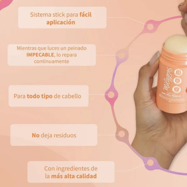 Hair Wax Anti-Frizz Fijador 49 g Milagros – envase stick salmón, beneficios