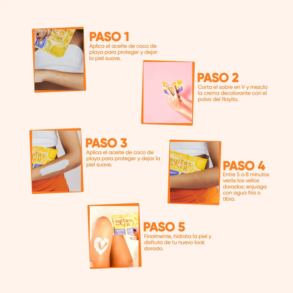 Infografía con cinco pasos de uso del kit decolorante Rayitos de Sol: aplicar aceite de coco, mezclar la crema decolorante con el polvo, aplicar, esperar de 5 a 8 minutos y enjuagar