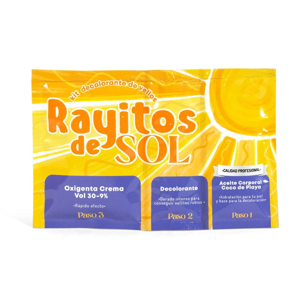 Kit decolorante de vellos Rayitos de Sol con crema oxigenta volumen 30 de 9 por ciento, polvo decolorante y aceite corporal de coco de playa