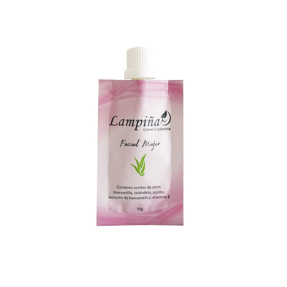 Crema depilatoria facial Lampiña Facial Mujer de 15 g en sobre rosado, con aceites de coco, manzanilla, caléndula, jojoba, hamamelis y vitamina E