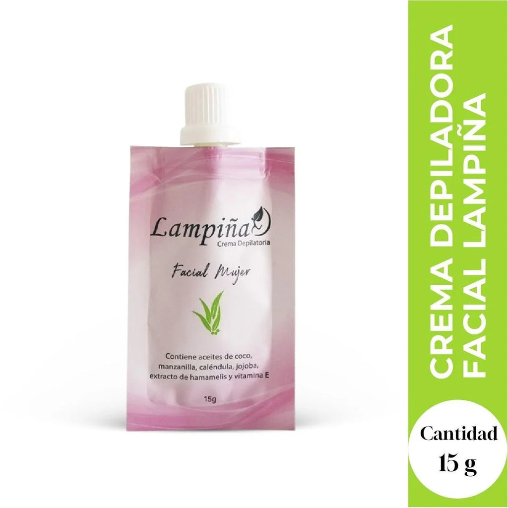 Crema depilatoria facial Lampiña de 15 g en sobre rosado junto a texto de presentación y cantidad de producto