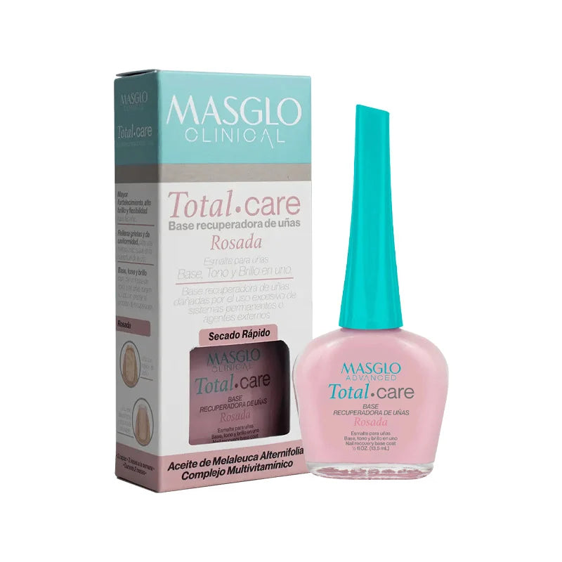 Base recuperadora de uñas Masglo Clinical Total.care Rosada, frasco rosa y caja del producto