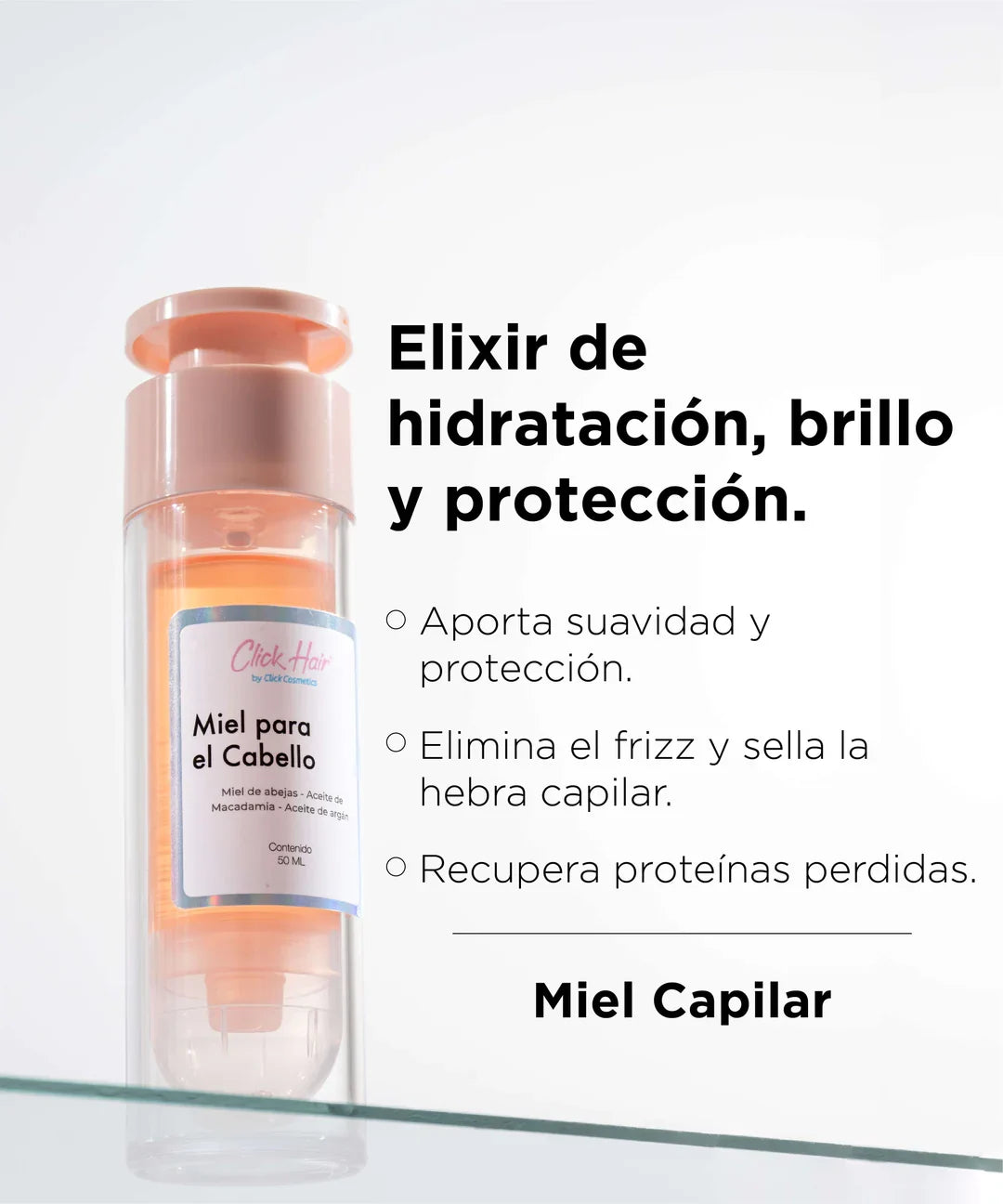 Miel para el Cabello Click Hair 50ml con aceite de macadamia y argán, rodeada de flores