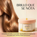 Mascarilla de Miel Click Hair junto a cabello brillante, ideal para cabello opaco y tratado químicamente