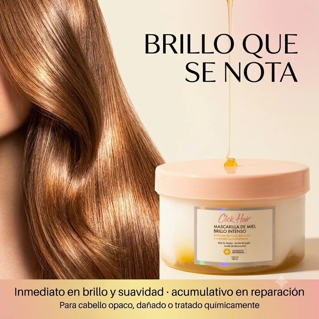 Mascarilla de Miel Click Hair junto a cabello brillante, ideal para cabello opaco y tratado químicamente