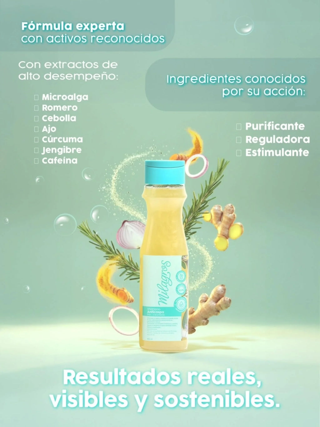 Ingredientes → microalga, romero, cebolla, cúrcuma, jengibre, cafeína