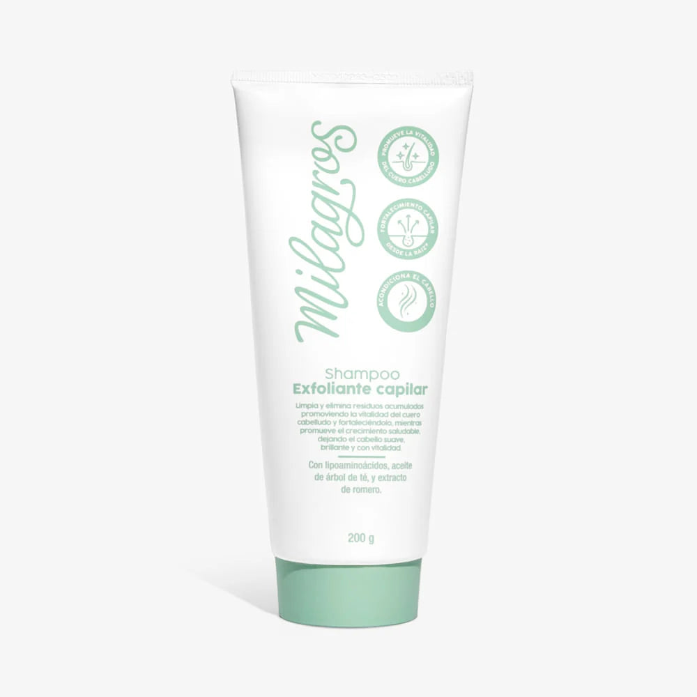 Producto solo (fondo blanco) → Tubo Shampoo Exfoliante Capilar Milagros 200g, color blanco con texto e íconos verdes, tapa menta, fondo blanco