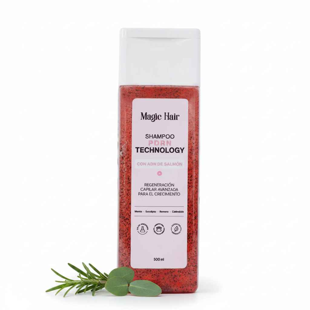 Detalle de la textura rosada y sedosa del Shampoo PDRN con ADN de salmón Magic Hair