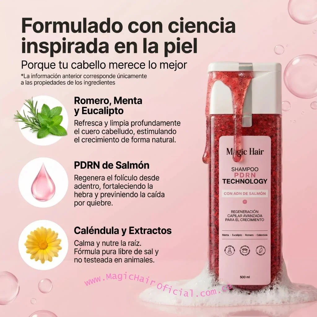 Gráfico promocional de resultados observados en apariencia del cabello, caspa y exceso de grasa con Shampoo PDRN Magic Hair