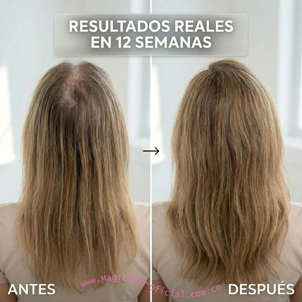 Comparación visual frontal del cabello antes y después de 12 semanas de uso del Shampoo PDRN Magic Hair