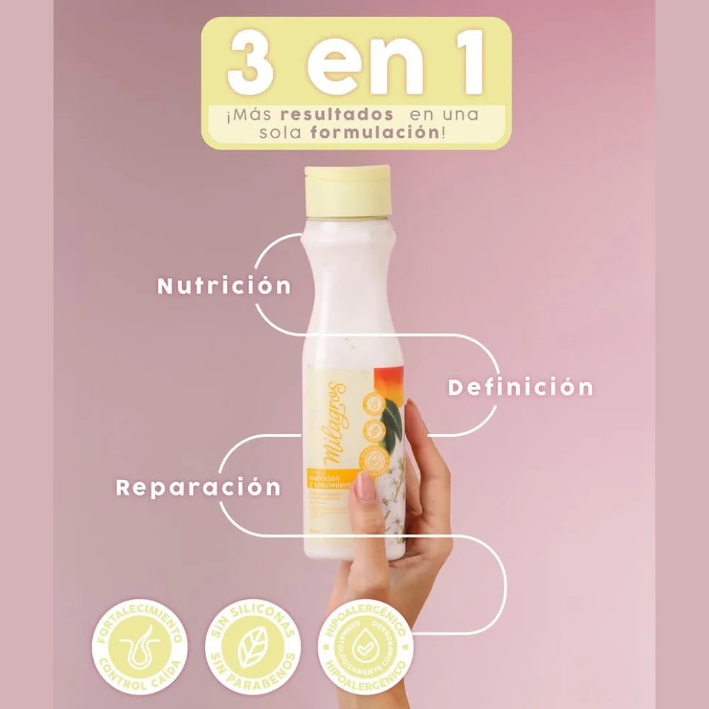 TRATAMIENTO 3 EN 1 PARA RIZOS: NUTRICIÓN, DEFINICIÓN Y REPARACIÓN 450 ml - MILAGROS