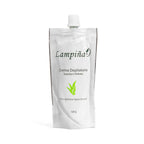 Envase individual de Crema Depilatoria Lampiña de 120 g sobre fondo blanco, con aloe vera y texto Para distintos tipos de piel