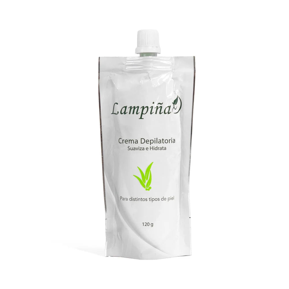 Envase individual de Crema Depilatoria Lampiña de 120 g sobre fondo blanco, con aloe vera y texto Para distintos tipos de piel