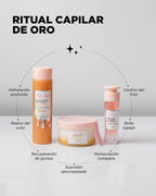 Ritual capilar de oro Click Hair: kit de miel con texto sobre hidratación, control del frizz, brillo y suavidad.
