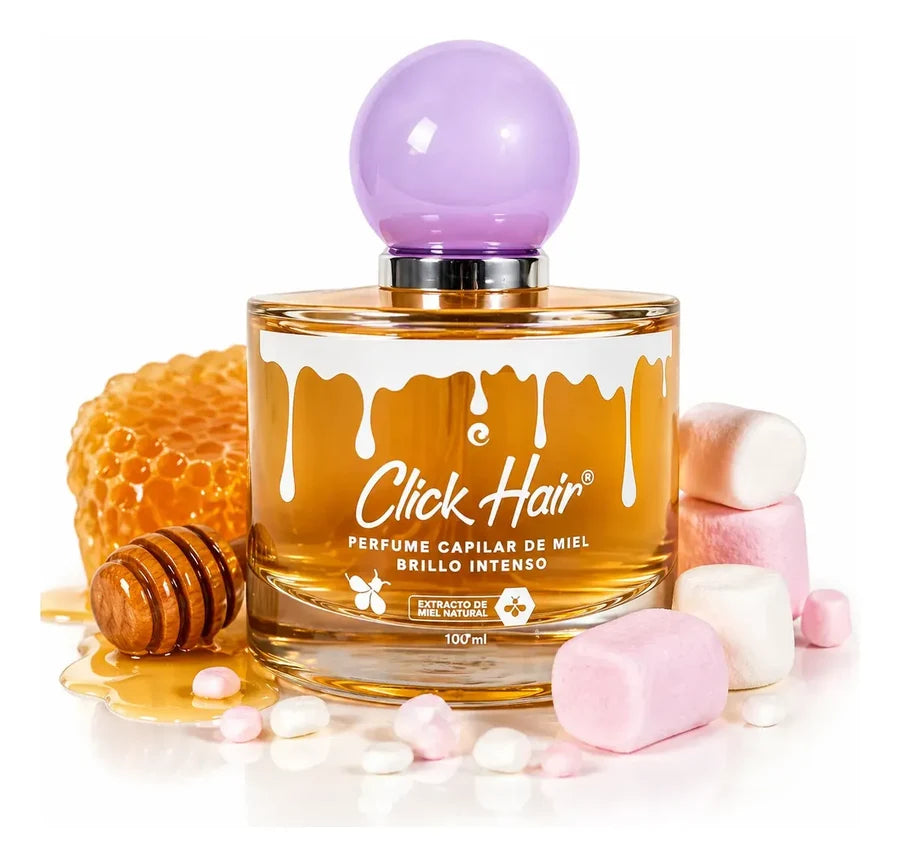 Modo de uso del perfume capilar Click Hair de miel y masmelo: aplicar de 3 a 6 puffs a 30 cm del cabello húmedo o seco