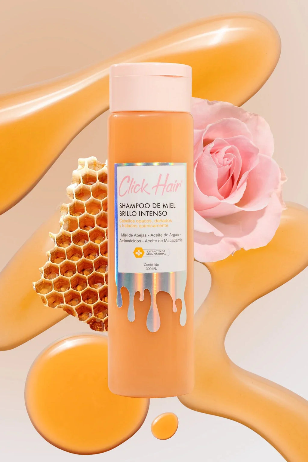 Shampoo de Miel Brillo Intenso Click Hair junto a panal de miel y rosa rosada