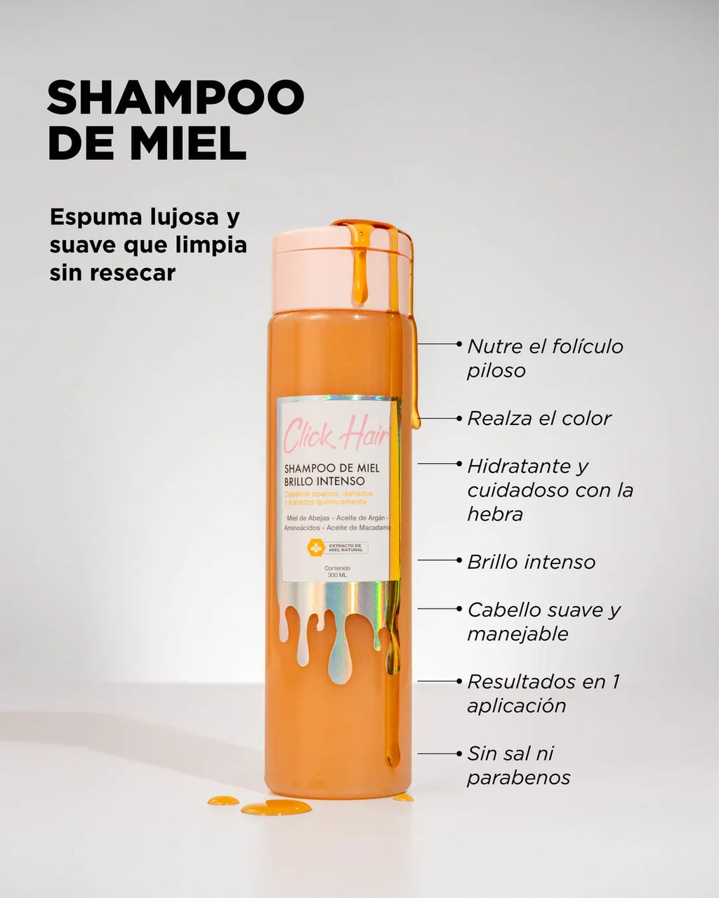 Shampoo de Miel Click Hair 300ml con beneficios de nutrición, hidratación, brillo y control del frizz