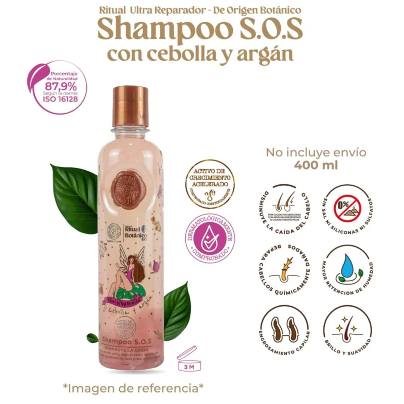 Revitaliza tu cabello, recupera su brillo, suavidad y resistencia con el Shampoo con Cebolla y Argán S.O.S Ultra Reparador de Ritual Botánico.