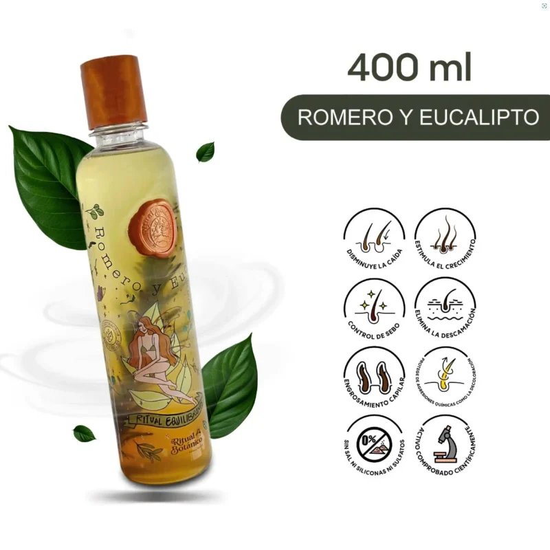 Descubre el Shampoo Romero y Eucalipto de Ritual Botánico. Controla la grasa, fortalece y estimula el crecimiento del cabello con una fórmula vegana.