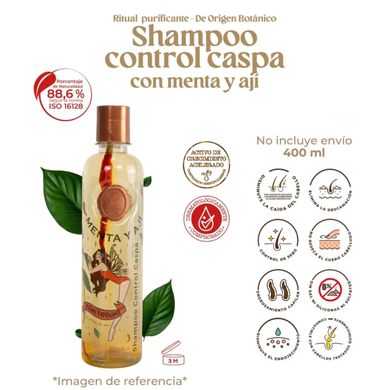 Elimina la caspa y fortalece tu cabello con el Shampoo con Menta y Ají de Ritual Botánico. ¡Resultados visibles desde la primera aplicación!