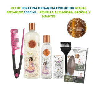Kit de Keratina Orgánica Evolución Ritual Botánico de 1000 ml con fórmula vegana y 12 óleos naturales. Incluye shampoo, sérum, folleto e instrumentos de aplicación. Presentación profesional para alisar, hidratar y dar brillo al cabello.
