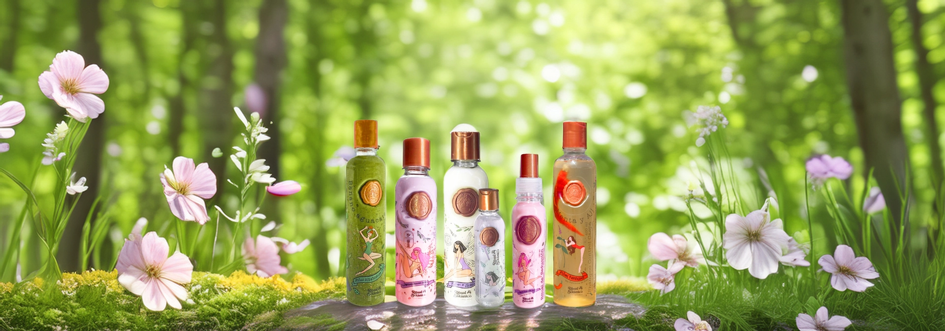 Bosque y prado con flores hermosas y en el centro un podio con productos de ritual botánico que se venden en la tienda de keratwins