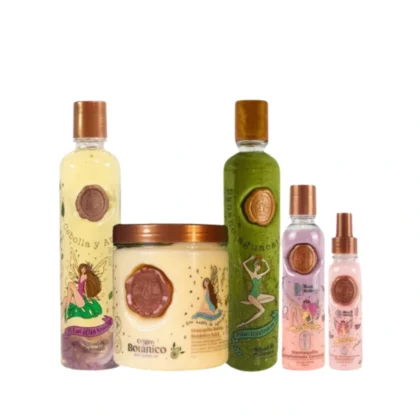 magen del Kit de Reparación y Crecimiento x5 de Ritual Botánico, que incluye: una mascarilla capilar nutritiva con biotina y colágeno para cabello dañado, un acondicionador de aguacate, banano y aceite de argán para hidratación profunda, un shampoo a elegir entre romero, menta con ají o cebolla SOS para fortalecer y estimular el crecimiento, un perfume termoprotector con feromonas que protege del calor y desenreda el cabello, y una mantequilla corporal hidratante con feromonas que nutre la piel y deja un aroma dulce y seductor