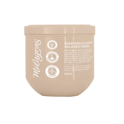 Envase de la Mascarilla Capilar Milagro Herbal de 450 ml, tratamiento intensivo para cabello seco, dañado o procesado. Su fórmula contiene provitamina B5, keratina, vitamina E y extractos de semillas de lino y chía, diseñada para reparar, hidratar y fortalecer sin dejar residuos grasos.