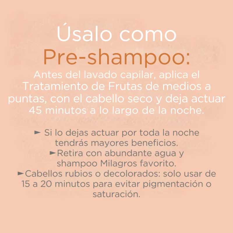 Imagen de un frasco de tratamiento capilar de 500ml con ingredientes naturales como banano, mango, papaya y miel. El producto está diseñado para nutrir, reparar y fortalecer el cabello, aportando brillo e hidratación profunda.