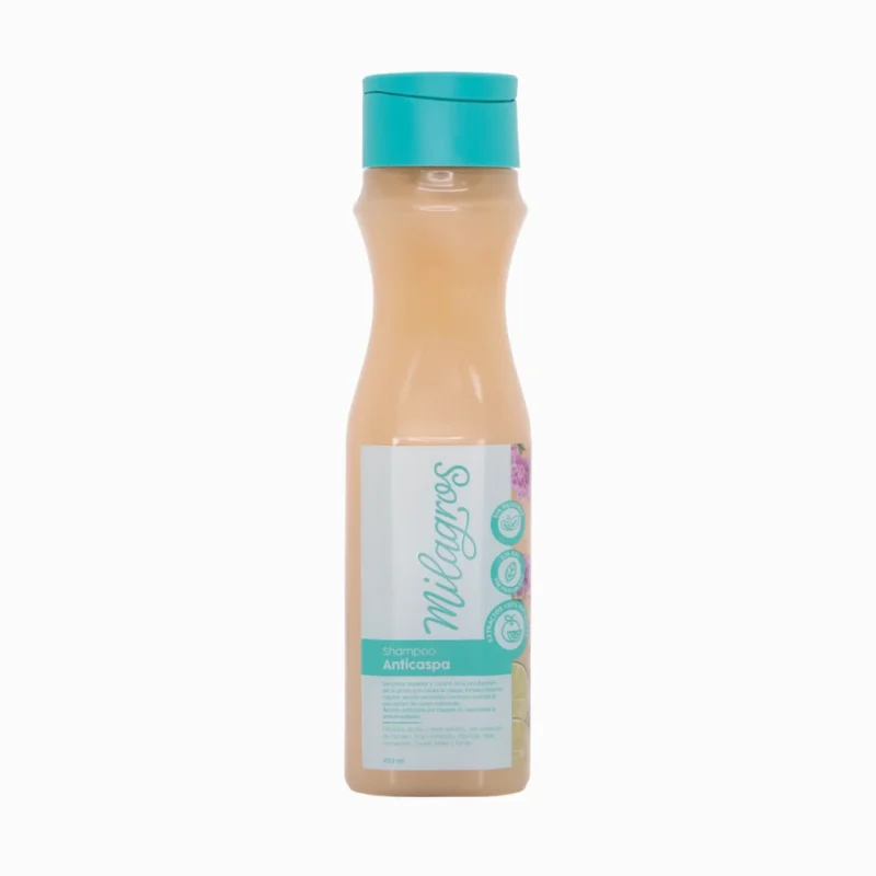 Shampoo Anticaspa Milagros de 450 ml para el cuidado del cabello. Combate la caspa, controla la grasa y previene la caída. Botella fácil de manejar, instrucciones claras. Apto para todo tipo de cabello: liso, ondulado o rizado, incluso con procesos químicos. Uso externo. Evitar contacto con los ojos. Enjuagar con agua en caso de contacto accidental.