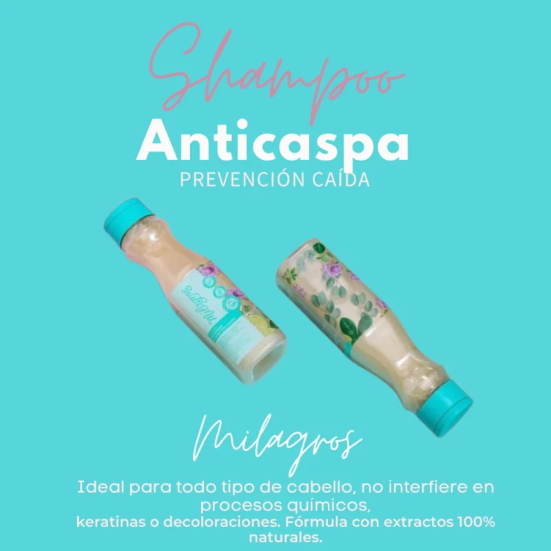 Shampoo Anticaspa Milagros de 450 ml para el cuidado del cabello. Combate la caspa, controla la grasa y previene la caída. Botella fácil de manejar, instrucciones claras. Apto para todo tipo de cabello: liso, ondulado o rizado, incluso con procesos químicos. Uso externo. Evitar contacto con los ojos. Enjuagar con agua en caso de contacto accidental.