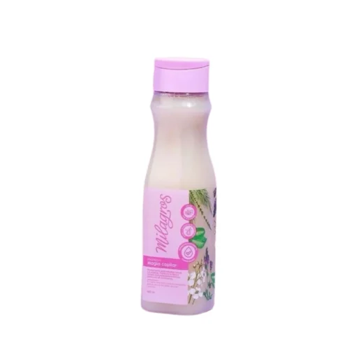 Botella de shampoo de 450ml marca MILAGROS, diseñado para cabello seco y/o rizado. Contiene ingredientes naturales como ácido hialurónico, aloe vera, keratina y romero para hidratar, fortalecer y estimular el crecimiento capilar.