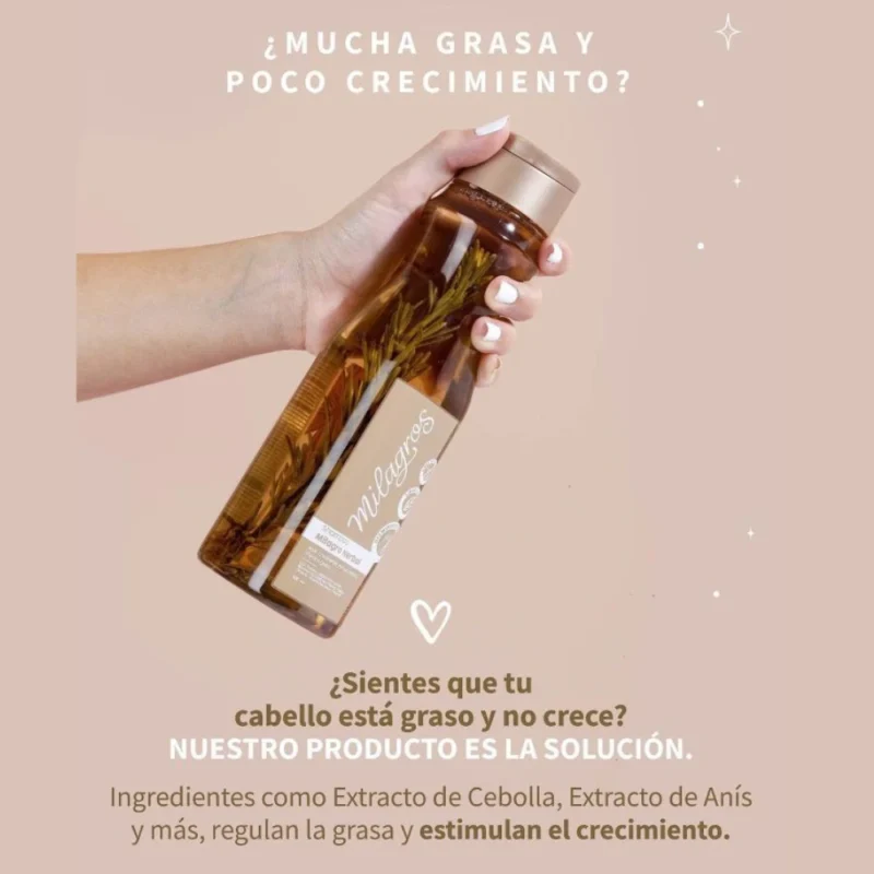 Shampoo Milagro Herbal de 450 ml con ingredientes naturales como romero y jengibre. Fortalece, limpia y estimula el crecimiento del cabello. Libre de sal y apto para todo tipo de cabello, incluyendo tratados químicamente. De uso cosmético, con instrucciones claras en el envase. Evitar contacto con ojos. Mantener fuera del alcance de niños.