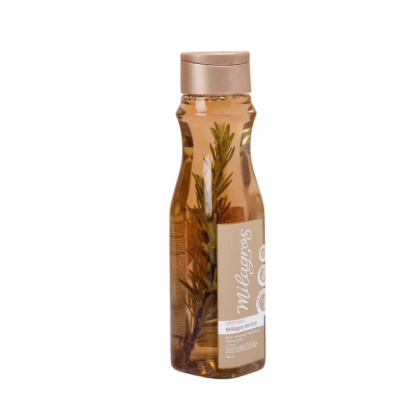 Shampoo Milagro Herbal de 450 ml con ingredientes naturales como romero y jengibre. Fortalece, limpia y estimula el crecimiento del cabello. Libre de sal y apto para todo tipo de cabello, incluyendo tratados químicamente. De uso cosmético, con instrucciones claras en el envase. Evitar contacto con ojos. Mantener fuera del alcance de niños.