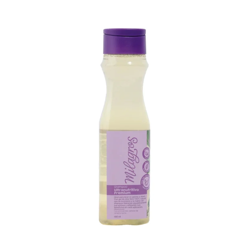 Shampoo Ultra Nutritivo Premium de 450 ml para uso diario. Apto para cabello decolorado, maltratado o con caída. Con aloe vera, romero y proteínas. Producto vegano, dermatológicamente probado, sin sal. Botella ergonómica fácil de manejar, instrucciones visibles y claras en la etiqueta. Uso externo. Evitar contacto con los ojos.